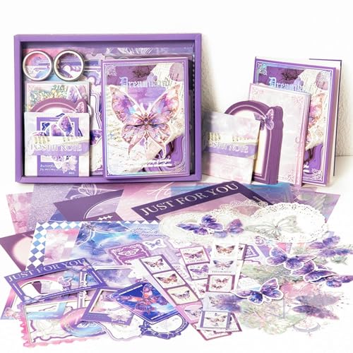 Image of VIBE VISTA Vintage Aesthetic Scrapbook Kit,346 Pcs,A6 Grid Notebook,Washi ,Envelopes,Scrapbook Papers,Folding Labels,Background Papers,Photo Frames,Calendar Stickers,Stickers (Dreamland,Purple)