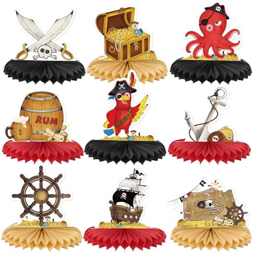 WERNNSAI Lot de 9 décorations de fête pirate - Kit de décoration d'anniversaire pour enfant garçon - Perroquet pirate - Boîte au trésor en nid d'abeille...