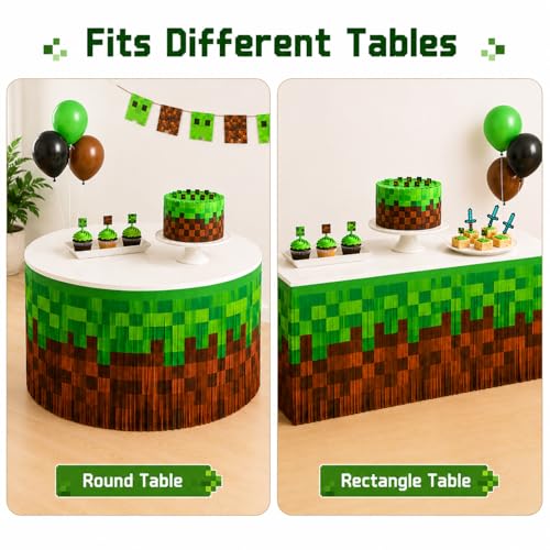 Image of Pixel Video Game Party Table Skirts, 4 Pack Green Brown Foil Fringe Table Skirt Decorations for Boys Birthday, Block Theme Gaming Party Table Decor Photo Booth Props