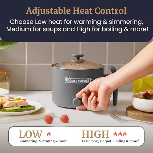 Elite Gourmet NOODLE EXPRESS™ Hot Pot, Prepare Ramen, Rice, Soups, Stews, Boil Water, Stainless-Steel Interior, Glass Lid, High/Low/Off Settings, Grey - Image 3