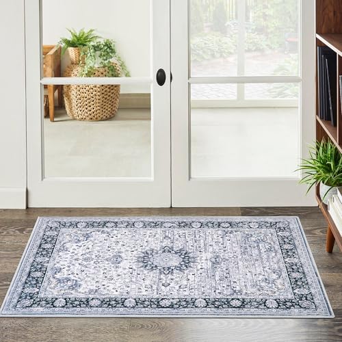Vintage 2x3 Washable Area Rug, Low-Profile Entryway Rug with Non-Slip Backing & Durable Edge Binding, Pet-Friendly Doormat, Small Rug for Entryway, Kitchen, Living Room