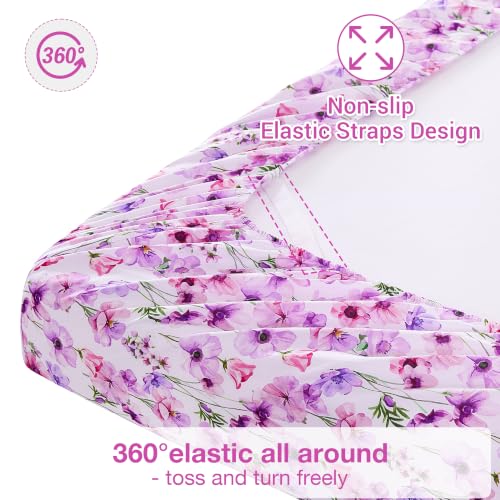 Image of Softan Purple Floral Full Sheet Set, Cozy Printed Microfiber Bed Fitted Sheets with 15 inch Deep Pocket & Non-Slip Corner Straps, Girls Lavender Blooms Flower Patterned Double Sheets & Pillowcase Set