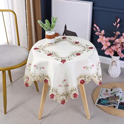 Inmerget Kleine Quadratische Tischdecke mit Rosenmotiv Bestickt 85 x 85 cm Cremefarben Polyester