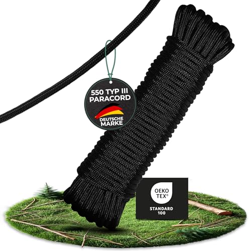 PinPro 4mm Paracord aus 100% Nylon, 550 Typ 3 | Abriebfestes Survival-Seil mit 250kg Tragkraft | Langlebige Schnur ideal für Shelter-BAU & Armbänder | Oeko-TEX® Zertifiziert (Tarnmuster Dunkel, 15m)