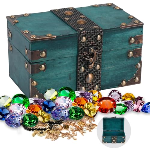 Oupuven Scrigno del Tesoro 17.8 * 11 * 9.7cm Scatola Legno con Coperchio, Forziere del Tesoro Bambini per La Memorizzazione Di Cambiamenti, Gioielli, Decorazioni (Smeraldi)