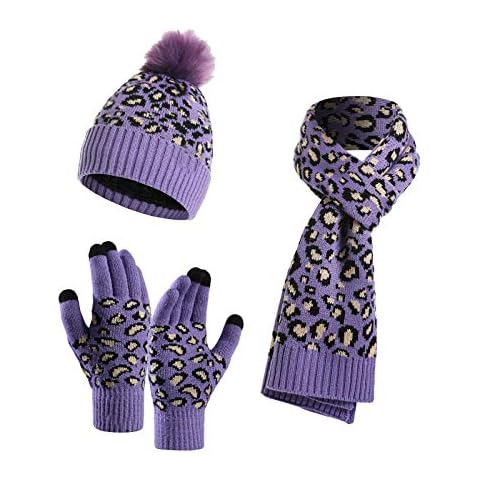YOUNGSOUL 3 Pieces Winter Knitted Set Leopard Print Warm Bobble Hat Scarf and Gloves Women Girls Purple Cover