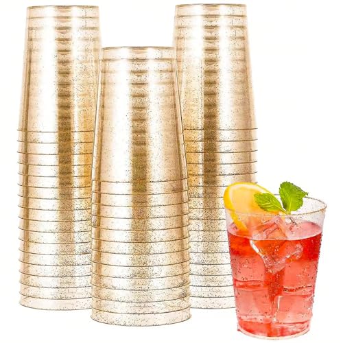 mauepersu 50 Stück Plastikbecher mit Glitzer Gold, 280ml Becher aus Kunststoff Wiederverwendbare Trinkbecher Elegante Party Weingläser für...
