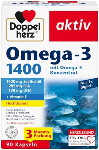 Doppelherz Omega-3 1400 | Hochdosiertes Omega-3-Konzentrat plus Vitamin E - Hoher Gehalt an Omega-3-Fettsäuren EPA & DHA - 90 Kapseln