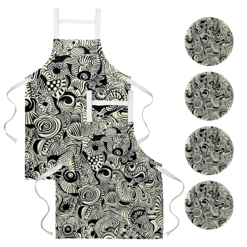Tabliers de cuisine avec badge rond motif gribouillage vintage et poches
