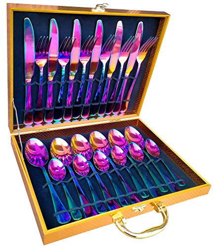 Rainbow Silverware set24 Pack Stainless Steel Flatware Set Contains Steak Knife Fork Spoon for Wedding Celebration Christmas Party Barbecue Service for 6