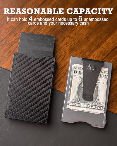 MNGARISTA Minimalist Slim Metal Wallet for Men, Pop Up Credit Card Holder with 3K Carbon Fiber Cover and Detachable Money Clip, RFID Blocking Wallet for 4-6 Cards (Black)4
