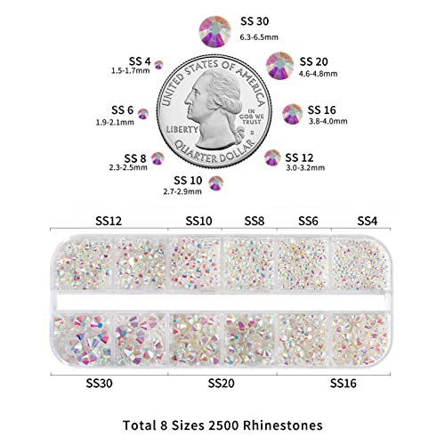 Beadsland Rhinestones For Makeup,8 Sizes 2500Pcs Crystal Flatback Rhinestones Face Gems For Nails Crafts With Tweezers And Wax Pencil,Transparent Ab,Ss4-Ss30 #TOP3