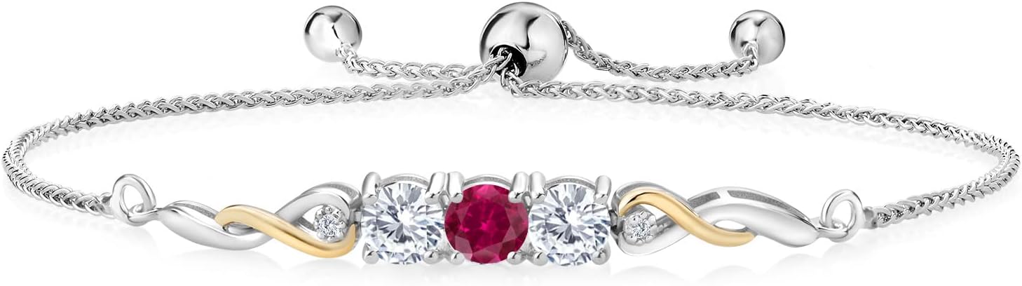 Two-Tone Gemstone Birthstone and White Moissanite and Accent Lab Grown Diamond Infinity Tennis Bracelet For Women In 925 Silver and 10K Yellow Gold | Round 5MM | Fully Adjustable Up to 9 Inch
