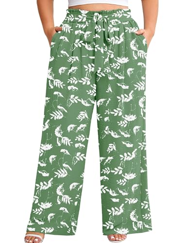 AusLook Plus Size Wide Leg Pants for Women High Waist Elastic Drawstring Palazzo Casual Lounge Beach Travel Vacation Resort White Flower Green 4X Pants with Pockets Flowy Summer Comfy Outfit