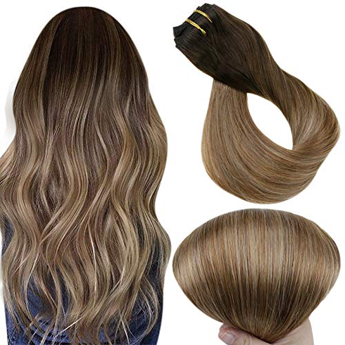 Full Shine Clip in Hair Extensions 18 Inch Balayage Color 4 Medium Brown Fading to 10 Highlighted 16 Golden Blonde Remy Hair Clip in Extension 100 Gram 7 Pcs Double Weft Clip in Hair Extensions
