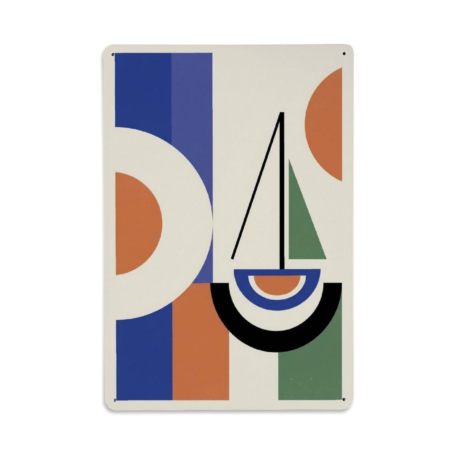Retro Nautical Blocks Seaside Sailboat Abstract View Metal Tin Sign Plaque Wall Decor for Cafe, Man Cave, Club Bar, Office, Home Garden Round Metal Poster 8x12Inch