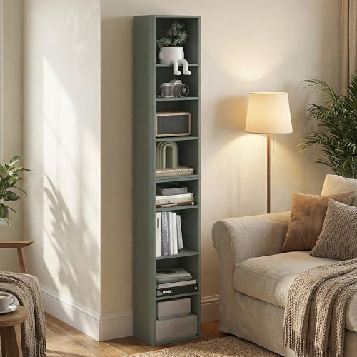 Image of Furinno PASIR Book Shelf, 8-Tier Bookshelf, Bookcase with Open Shelf, 9.3 x 11.8 x 70.9, for Living Room, Bedroom, Home Office, Sage Green