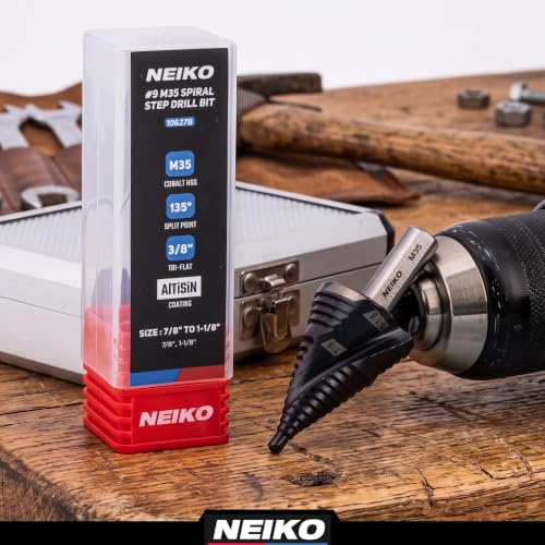 Image of NEIKO 10627B Step Drill Bit, 2 Steps 7 /8 inch to 1-1 /8 inch Spiral M35 Cobalt, AlTiSiN Coated, 3 /8 inch Tri-Flat Step Bits for Steel, Metal, Wood, Plastic, Unibit Cone Drill Bits, Two Flute