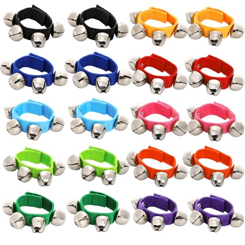 Foraineam 20 PCS 10 Colors Wrist Bells Bracelets Ankle Jingle Bell Band Party Favors Wristband Musical Tambourine Rhythm Percussion Instrument