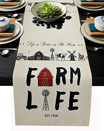 Burlap Table Runner 70 Inches Long,Life Is Always Better On The Farm Chickens Pig Barn Windmill Tractor Linen Dinner Table Setting Decor For Wedding Gatherings Party Baby Shower #TOP17
