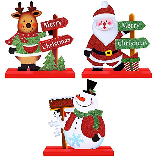 JoyTplay Gift Boutique Lot de 3 décorations de table de Noël en bois 19,1 cm Bonhomme de neige Père Noël renne Joyeux Noël Vacances pour bureau, étagère, cuisine, décoration de vacances Cover