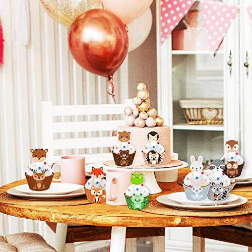 24 Set Safari Jungle Animals Cupcake Toppers And Wrappers 24Pcs Cake Toppers + 24Pcs Cupcake Liners With Animals Patterns For Wild Animals Themed Party Favors Decoration Birthday Cake Decor #TOP4