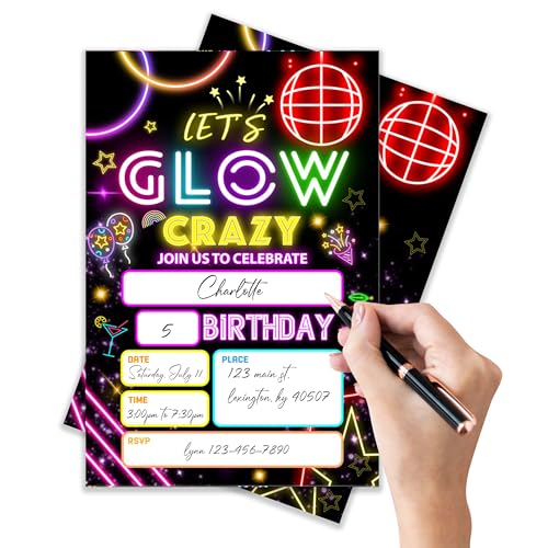 Invitaciones de cumpleaños brillantes estilo neón decoraciones 4x6 3