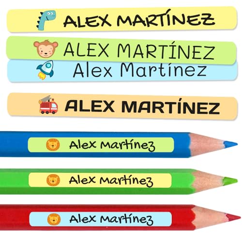 100 Etiquetas Adhesivas Personalizadas para lápices, bolis y rotuladores. Pegatinas escolares con nombre para marcar objetos, resistentes al agua para colegio y guardería, 4,6 x 0,6 cm