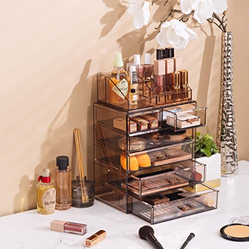 Image of Sorbus Acrylic Makeup Organizer Set, 6-Drawer Vanity & Countertop Cosmetic Storage with Small & Wide Compartments, Bronze Glow Makeup Storage for Brushes, Jewelry - Holiday Gift for Women & Teens