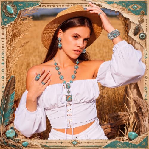 Image of Ecally Bohemian Western Jewelry Turquoise Set Women Country Pendant Long Choker Layered Bracelets Earrings Ring for Women