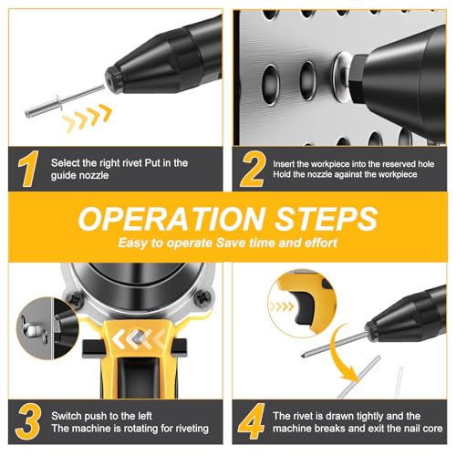 YEARTOP Cordless Rivet Tool for De-Walt 20V Max Battery, Electric Rivet Tool Kit for 3 Size (1/8'', 5/32'', 3/16") Rivets, Blind Pop Rivet Gun with 100PCS 5/32'' Rivets for Metal, Plastic(No Battery) 6 YEARTOP Cordless Rivet Tool for De-Walt 20V Max Battery, Electric Rivet Tool Kit for 3 Size (1/8'', 5/32'', 3/16") Rivets, Blind Pop Rivet Gun with 100PCS 5/32'' Rivets for Metal, Plastic(No Battery) - Image 6