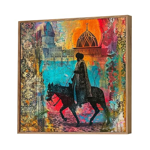 Image of Royal Horse Rider Framed Canvas Wall Art Painting for Living Room | Colorful Ethnic Abstract Horse Painting with Frame | Vintage Cultural Wall Decor for Home & Office, 23x23 Inch