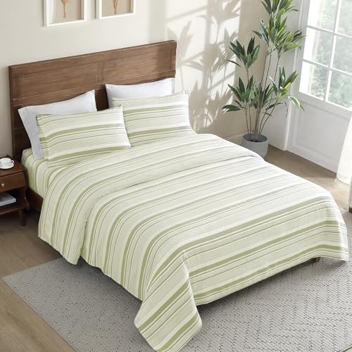 Image of ClevaHome Twin Sheets Set - 3 Pieces Fitted Bed Sheet Set, Sage Stripe | 16 inch Deep Pocket, Super Soft & Breathable, Enhanced Comfort & Easy Care, Classic Stripe Sheet Set