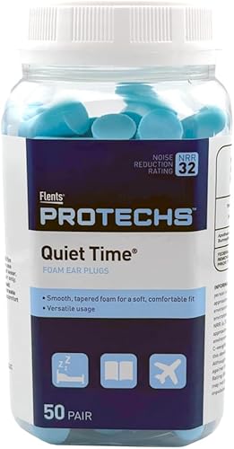 Flents Protechs Foam Ear Plugs, 50 Pair for Sleeping, Snoring, Loud Noise, Traveling, Concerts, Construction, Studying, Work, Shooting, NRR 33, Noise Cancelling, Disposable, Purple, Made in the USA(Blue,50 Pair,Ear Plugs)