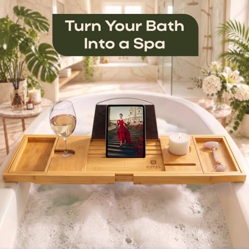 ROYAL CRAFT WOOD Premium Foldable Bathtub Tray Caddy - Wood Bath Tray for Tub, Bamboo Shelf, Expandable Bath Table Trays, Bathtub & Bathroom Accessories for New Home & Mothers, Birthday Gifts for Mom - Image 2