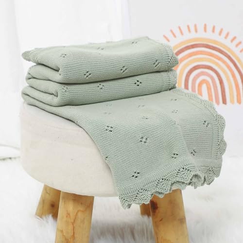Image of mimixiong Cotton Baby Blanket Knitted Crochet Receiving Crib | Nursery Swaddling Blankets for Newborn Baby Boy Girl Sage Green 30x40 Inch