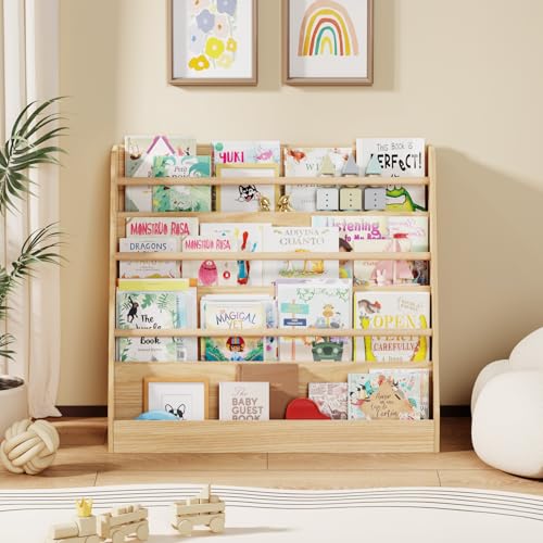 Image of Lkeiyay Montessori 4-Tier Front Facing Kids Bookcase, Natural | 4-tier front-facing Montessori rack with 3 solid beech rods & rounded edges, kids picture book storage for nursery, playroom