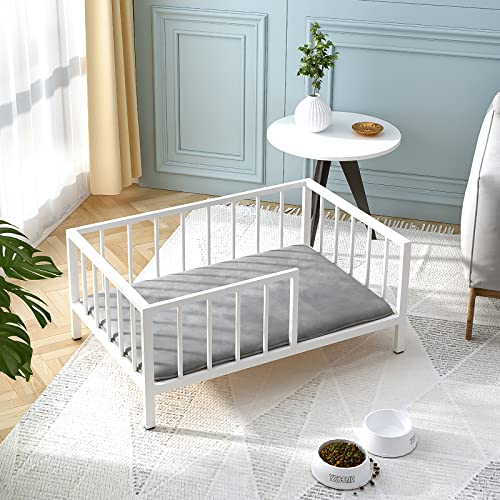 Oschf Dog Bed With Rails - Elevated Pet Metal Bed Frame With Solid Wood Board And Washable Soft Mat For Medium Dog Indoor Or Outdoor Use, 25.2" X 37.8", White #TOP4