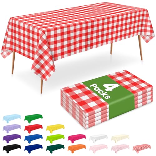 Image of LANLISA 4 Pack Red Gingham Tablecloth Plastic, 54 x 108 Inch Rectangle Table Cloth Disposable, Red and White Checkered Tablecloths for Picnic, Birthday Party Plastic Cover