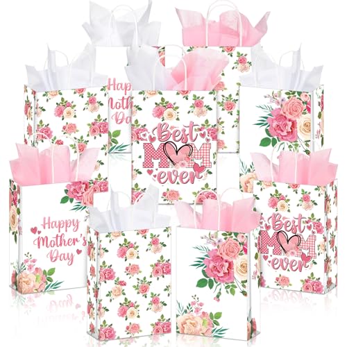 Dispowreath 24 Pcs Mothers Day Gift Bags with Handle 15 x 21 Pink Flower Goodie Bag with Tissue Papers Mothers Day Wrapping Supplies for Best Mom Ever Afternoon Tea Decor Retail Wrapping(Classical)