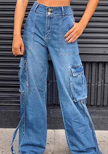 Blue Wide Leg Cargo Jeans for Women Summer Casual High Waisted Y2k Long Denim Pants2