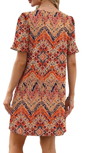 Image of OFEEFAN Summer Dresses for Women Ruffle Short Sleeve V Neck Casual Shift Dress with Pockets