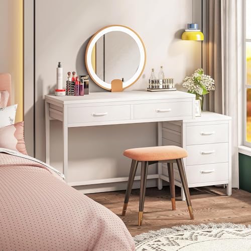 Image of Tribesigns Computer Desk with 5 Drawers, Home Office Desks with Reversible Drawer Cabinet Printer Stand, Industrial PC Desk with Storage, White Study Writing Table Workstation for Small Spaces