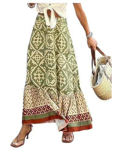 GORGLITTER Women's Boho Western Ruffle Flowy Maxi Skirt Trendy Summer Graphic Elastic High Waisted Beach Long Skirts