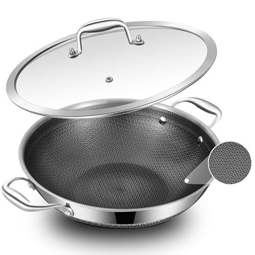 Image of LOLYKITCH Hybird Nonstick Wok Pan with Lid | 12-Inch | Rivented Handle | Non Toxic | Tri-Ply Stainless Steel | Ceramic Coating | Stir Fry Pan | Induction Compatible | Dishwasher & Oven Safe