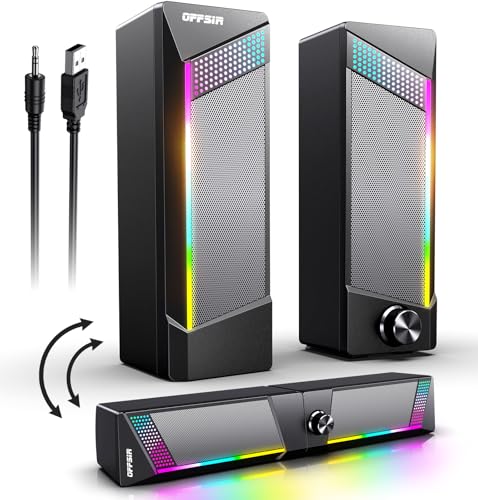 Computer Speakers, 2 in 1 PC Speaker , Gaming Speakers for PC Computer Laptop Desktop Monitor, RGB Speakers with Touch Sensitive Lighting, USB Powered 3.5mm Aux（Package Only Two Speaker, No Soundbar）