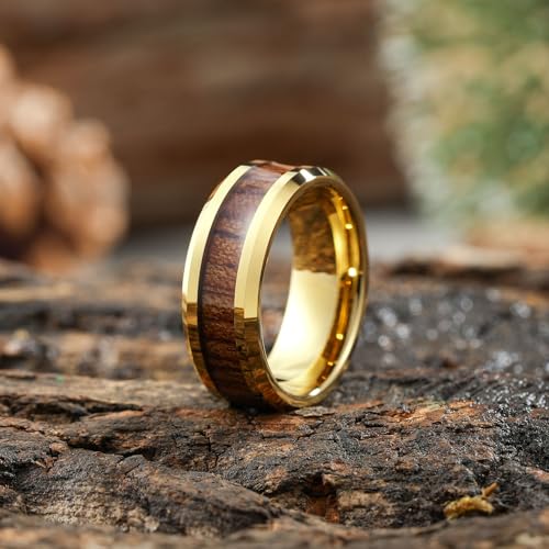 Image of King Will Nature Koa Wood Inlay Tungsten Carbide Wedding Ring 8mm Silver /Black /Gold /Green /Rose Gold /Blue Wedding Band for Men High Polished Anniversary Rings Comfort Fit Size 6-15