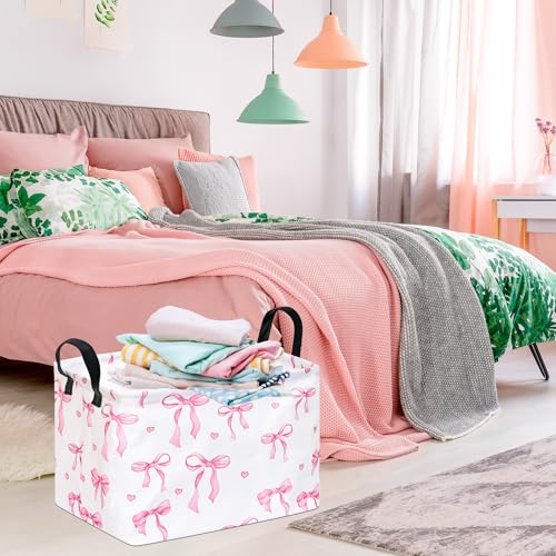 Image of Pink Bow Storage Basket Girls Gifts Basket Waterproof Storage Bins Organizer Foldable Closet Shelf Baskets with Handles for Home Office Dorm Closet Shelf