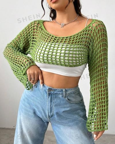 Image of Womens Crochet Crop Tops Y2k Knit Shrug Sweater Hollow Out Long Sleeve Bikini See Through Cover Ups