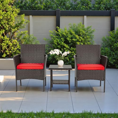 Image of FDW 3-Piece Patio Furniture Set | Brown & Red | Outdoor Wicker Furniture